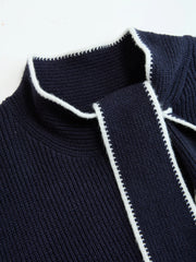 Contrast-Trim Tie-Neck Knit Midi Dress