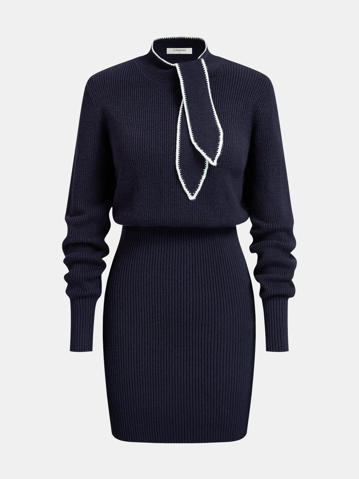 Contrast-Trim Tie-Neck Knit Midi Dress