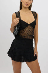 Black Mini Skirt High Rise Textured Flared Skater