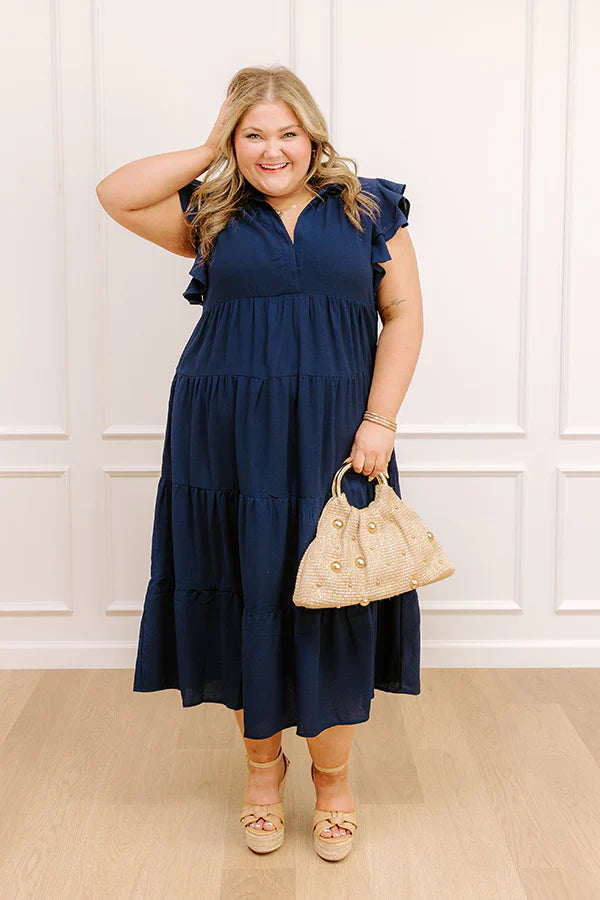 Sunny Spritzer Tiered Midi Dress in Navy Curves