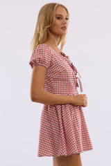 Red Check Mini Dress Ribbon Detail