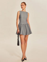 Button Front Pleated Sleeveless Dress