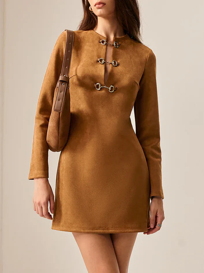 Suede Effect Metal-Detail Short Dress