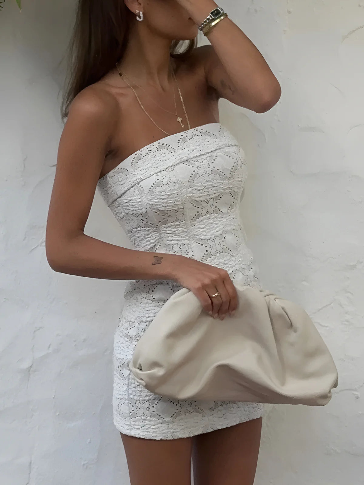 Semi-Sheer Lace Tube Short Dress