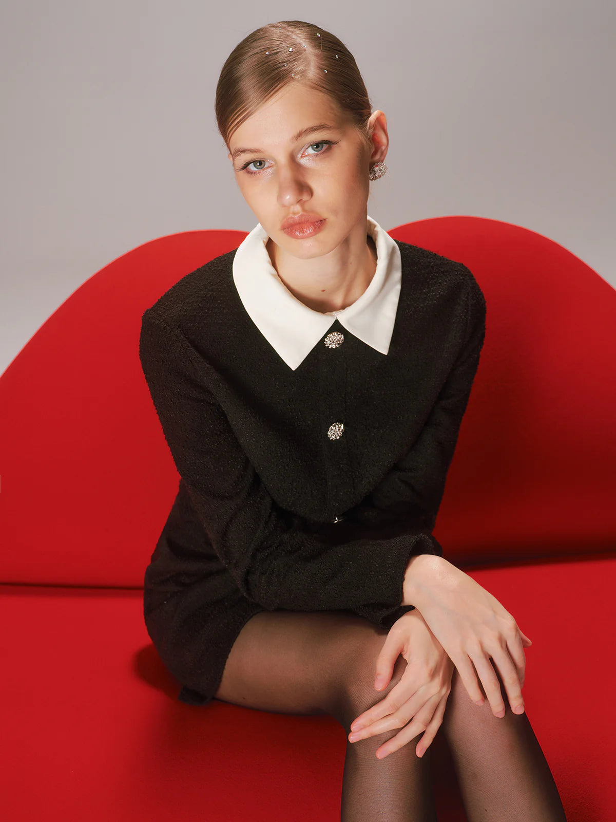 Contrast Collar Tweed Mini Dress