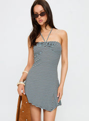 Knoxi Halter Jersey Mini Dress Blue / Brown Stripe