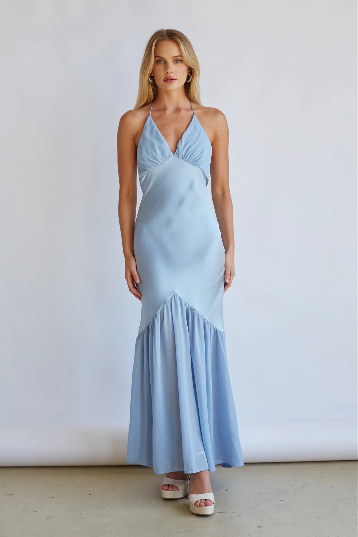 Lucinda Halter V-Neck Open Back Satin Midi Dress