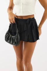 Black Mini Skort Skirt Mid Rise Ruffle Layered Lined Supersoft