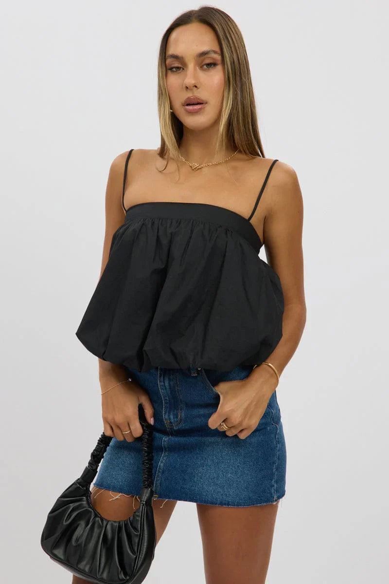 Black Bubble Cami Top Sleeveless Balloon Lined
