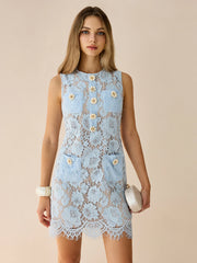 Flower-Shaped Button Lace Mini Dress