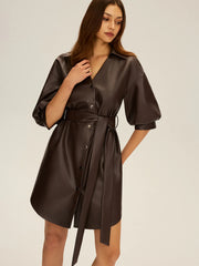 Faux Leather V-Neck Belted Mini Dress
