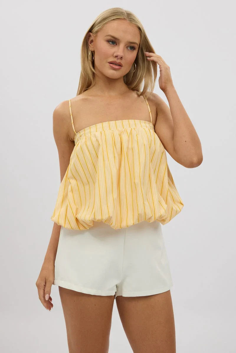 Yellow Stripe Bubble Cami Sleeveless Babydoll Balloon Volume