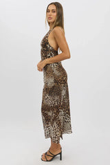 Brown Animal Print Halter Neck Maxi Dress
