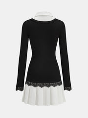 Color-Block Collared Pleated Lace Detail Mini Dress