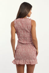 Red Check Bodycon Dress Shirred Mini