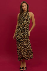 Brown Animal Print Maxi Dress Cowl Neck