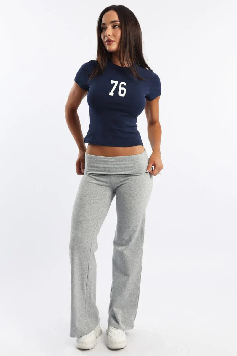 Grey Wide Leg Pants Folded Waist Jersey