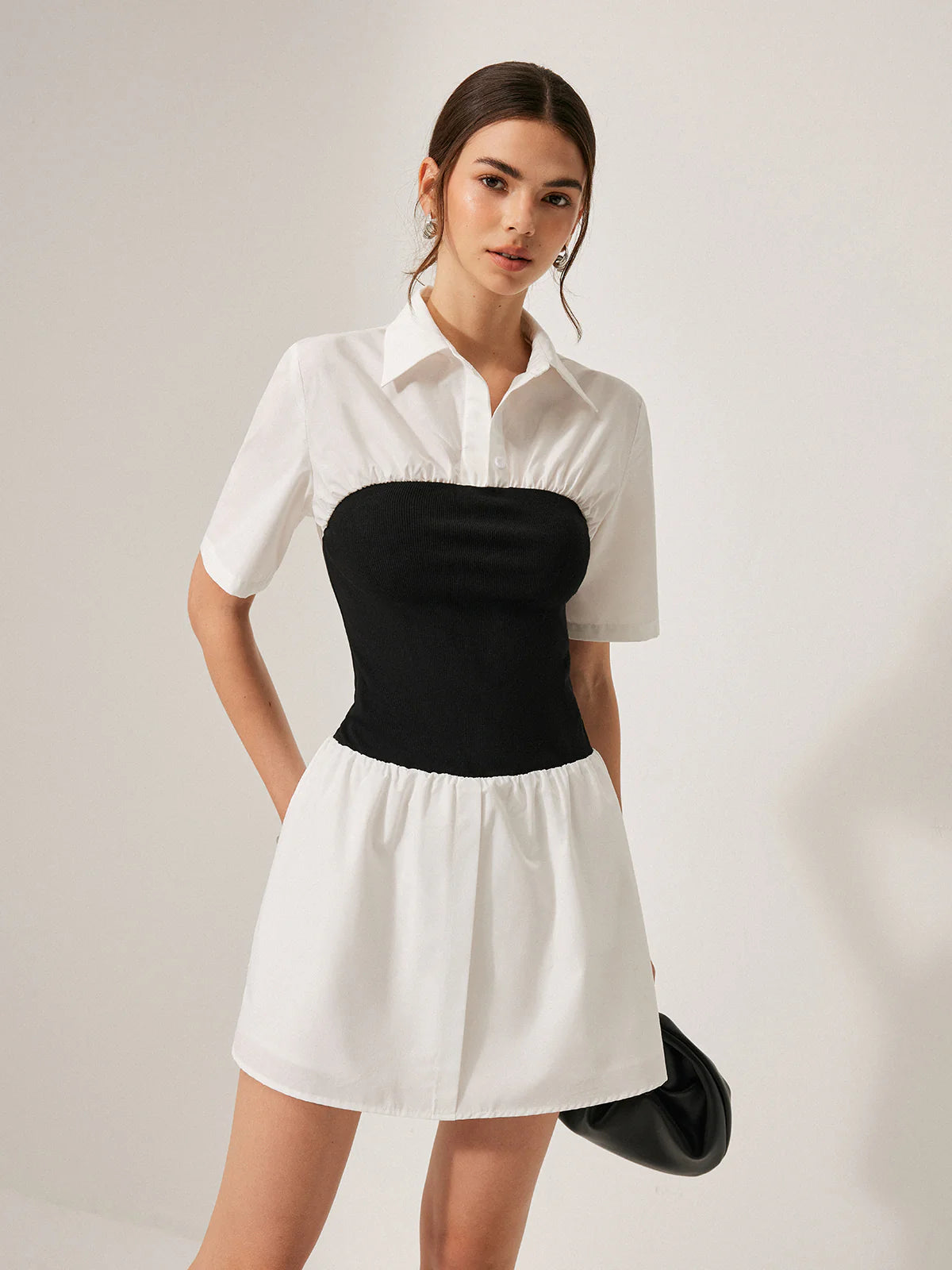 2 in 1 Panel Decor Button Lapel Shirt Dress