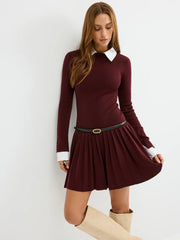 Detachable Shirt Collar Pleated Mini Dress without Belt