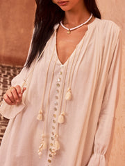 Tasseled Button Cotton Mini Dress