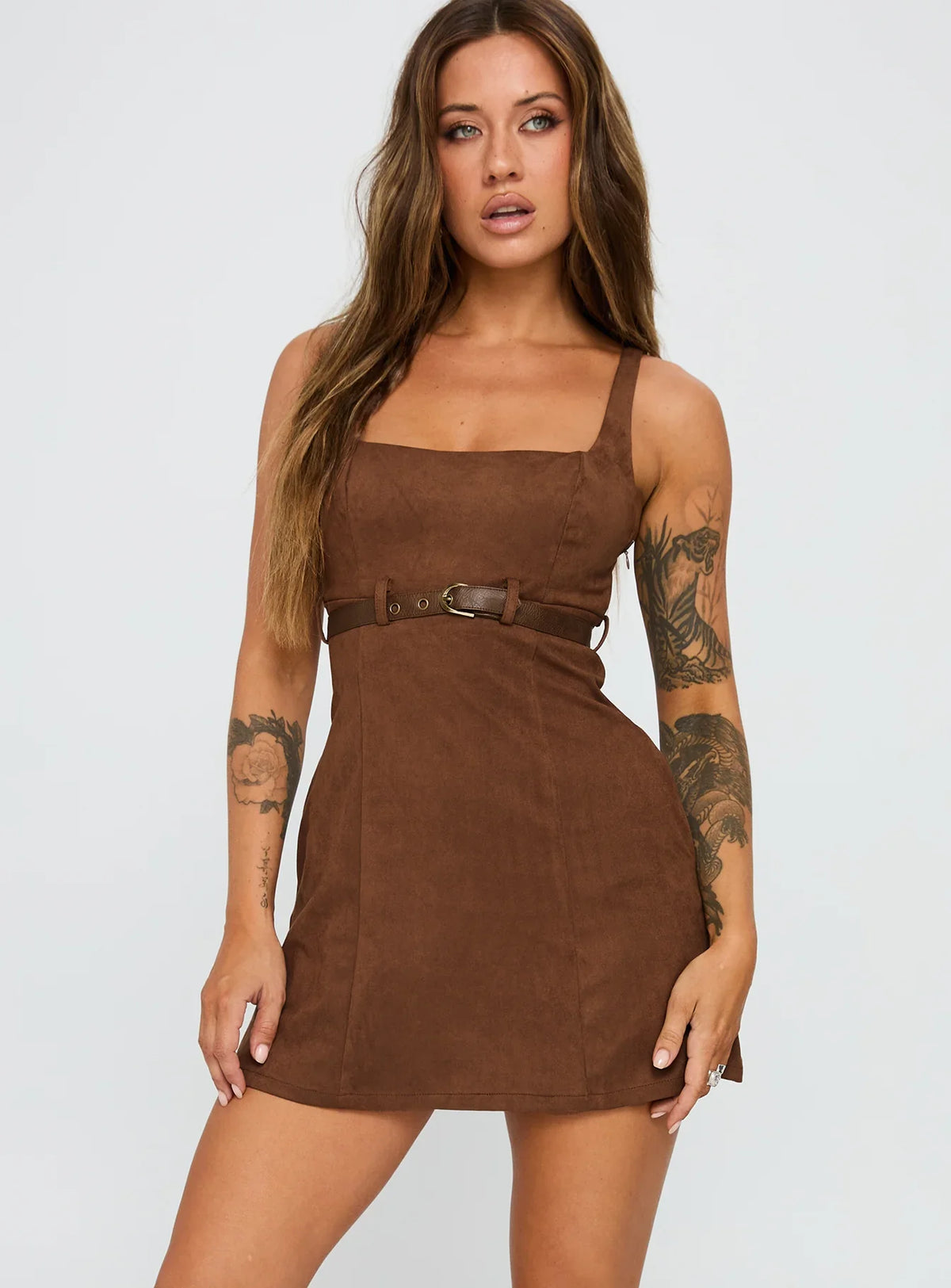 Way Back In Faux Suede Mini Dress Brown