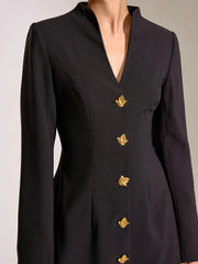 V-Neck Long Sleeve Metal Button Mini Dress