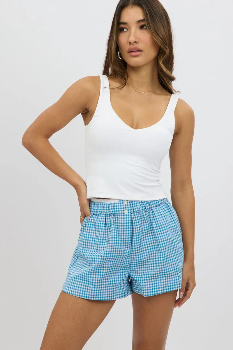 Blue Check Boxer Shorts Elasticated Waist