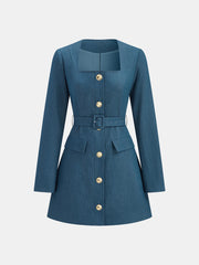 Square-Neck Belted Metal Button Mini Dress