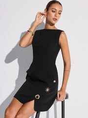 Sleeveless Fitted Asymmetric Metal Detail Mini Dress