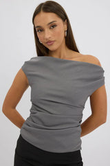 Grey Ruched Off Shoulder Top