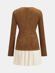 Pleated Hem Panel Suede Effect Mini Dress
