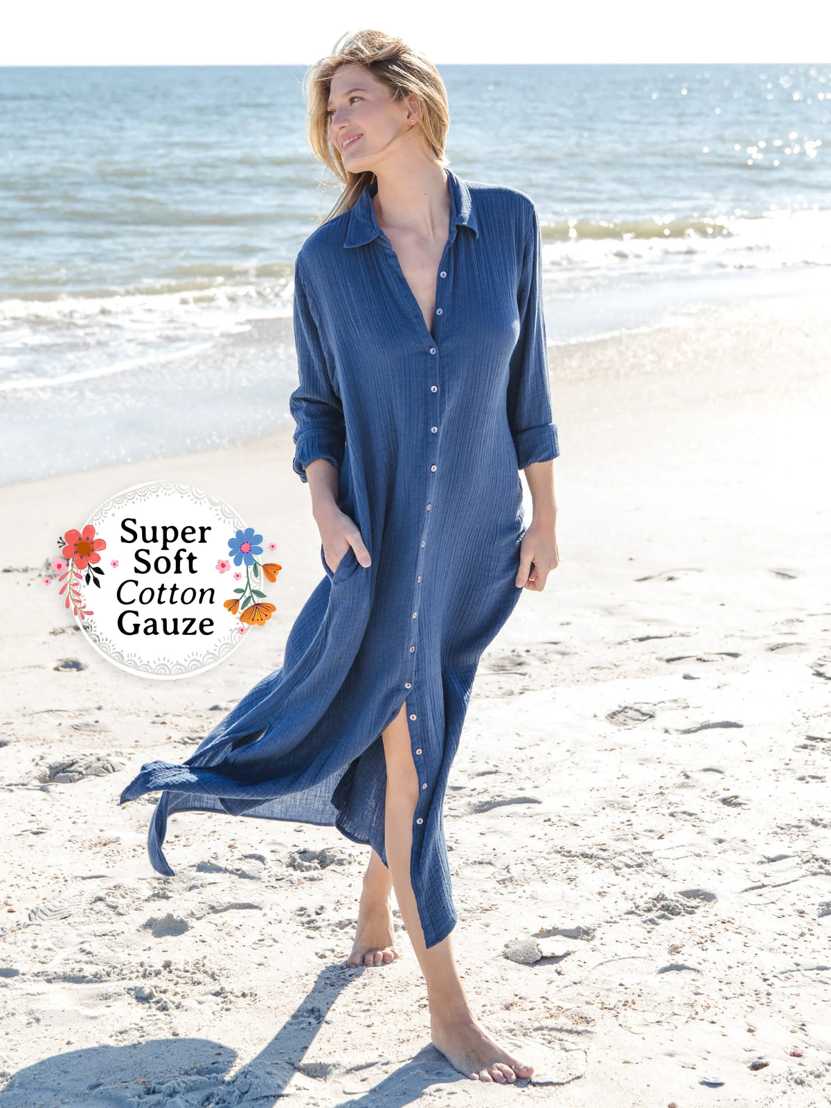 Drew Gauze Shirt Dress - Blue