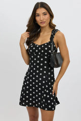 Black Floral Mini Dress Gathered Bust