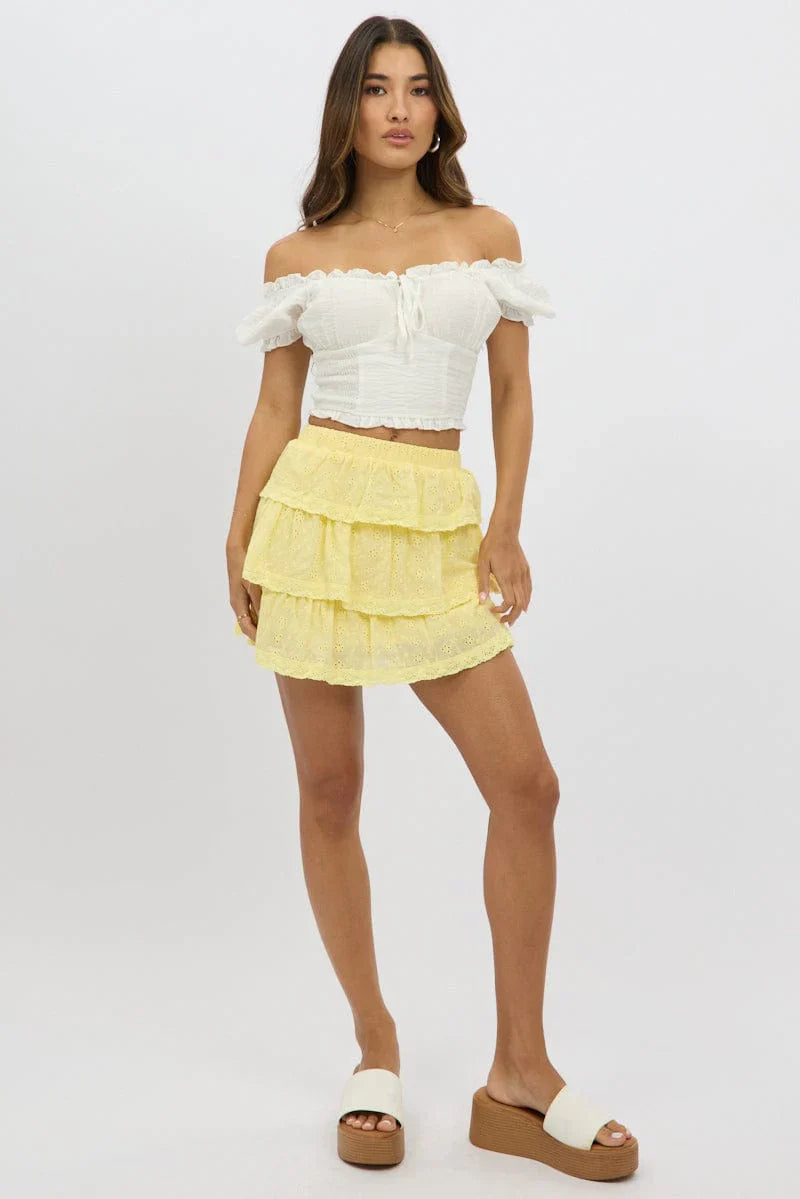 Yellow Mini Skirt Elastic Waist Layered Broidery Eyelet