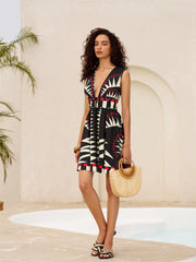 Geometric Graphic V-Neck Tie-Waist Zipper Sleeveless Dress