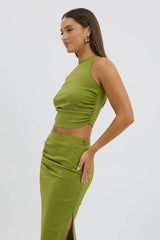 Green Gathered Sleeveless Top Round Neck Bengaline