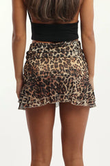 Brown Animal Print Ruffle Skirt High Waisted Mini Ruched Mesh