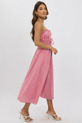 Red Check Midi Dress Ribbon Detail Strappy