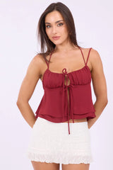 Red Tie Front Cami Halter Neck Sleeveless