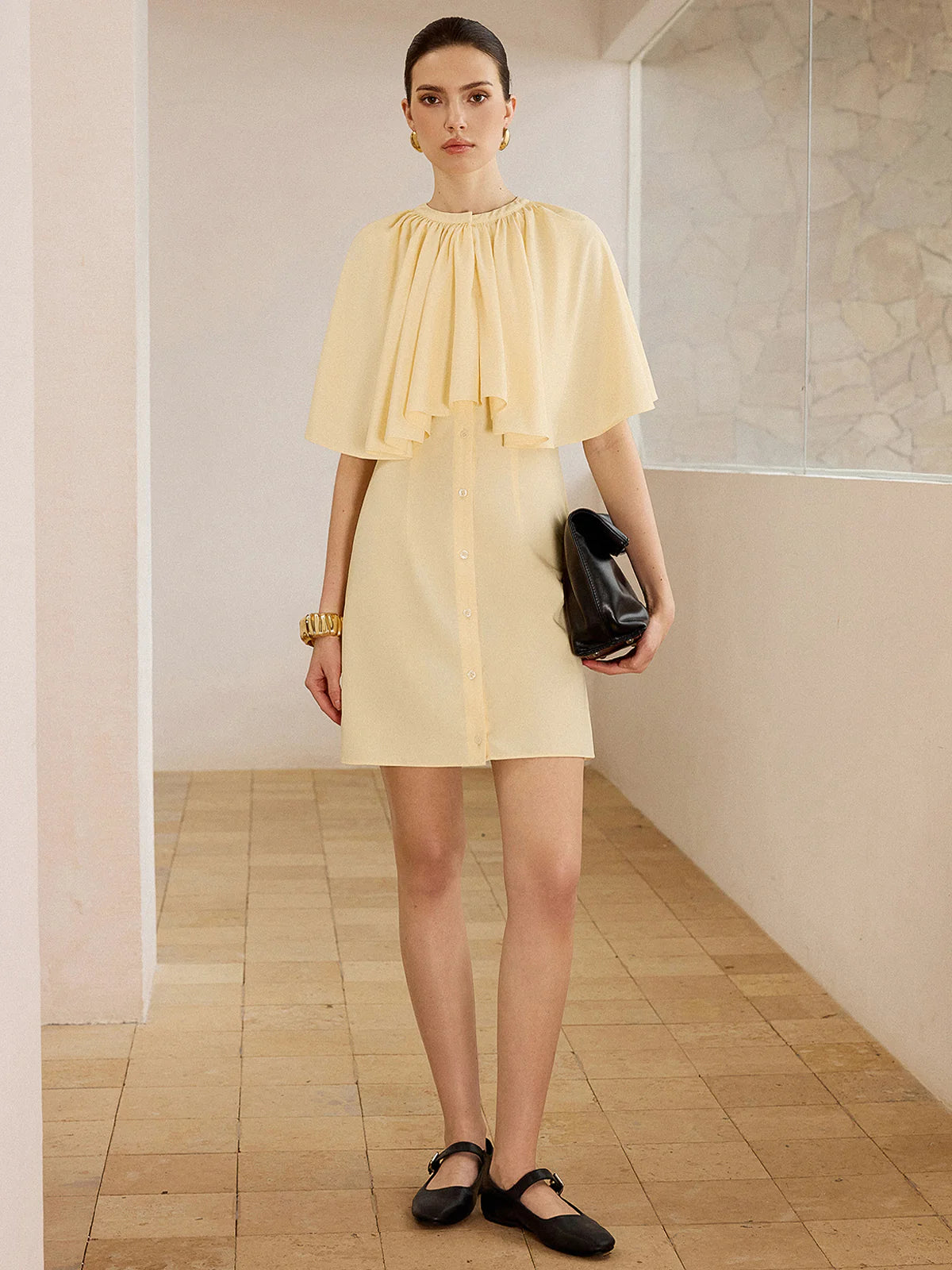 Cape-Sleeve Button-Front Mini Dress