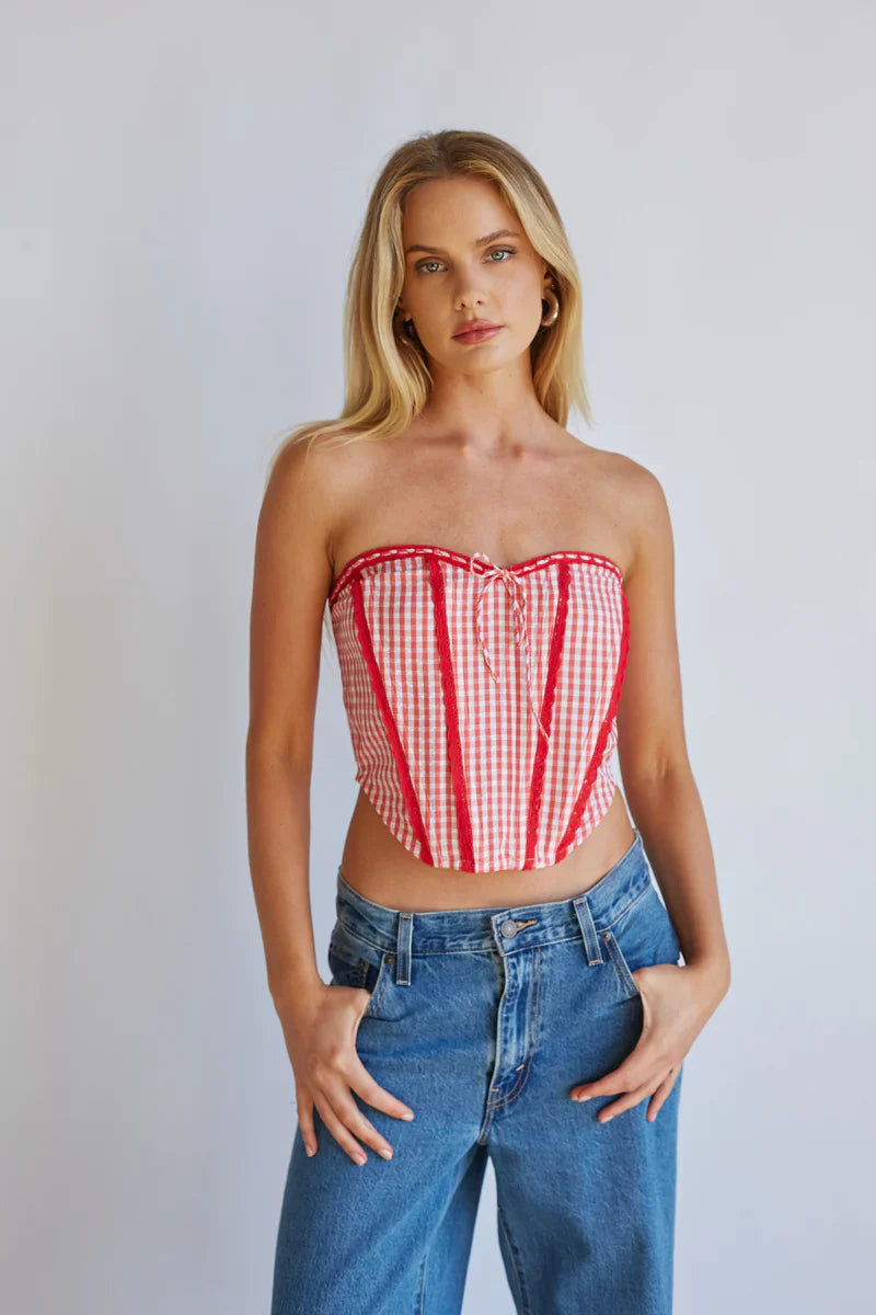 Kacey Lace Gingham Front Tie Corset