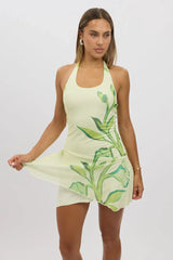 Yellow Floral Mini Dress Halter Neck Mesh