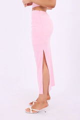 Pink Gathered Midi Skirt High Rise Bengaline Split