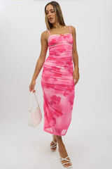 Pink Floral Bodycon Dress Singlet Mesh Midi