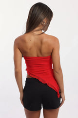 Red Bandeau Top Asymmetrical Ruffle Hem Mesh