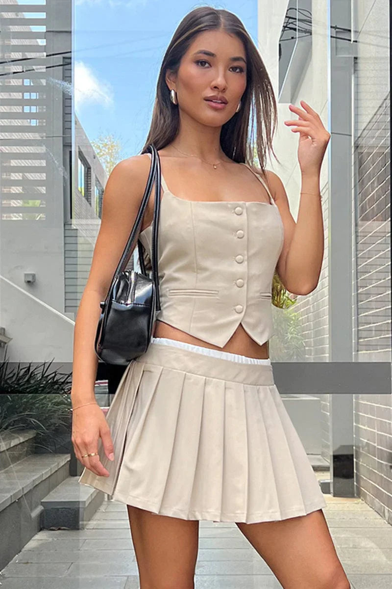 Beige Cami Vest Sleeveless Scoop Neck Tailored