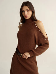 Belted Cold-Shoulder Turtleneck Knit Dress