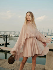 Semi-Sheer Chiffon Ruffle Dress With Outer Cape