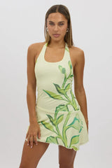 Yellow Floral Mini Dress Halter Neck Mesh