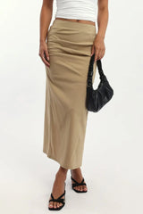 Beige Gathered Midi Skirt High Rise Bengaline Split